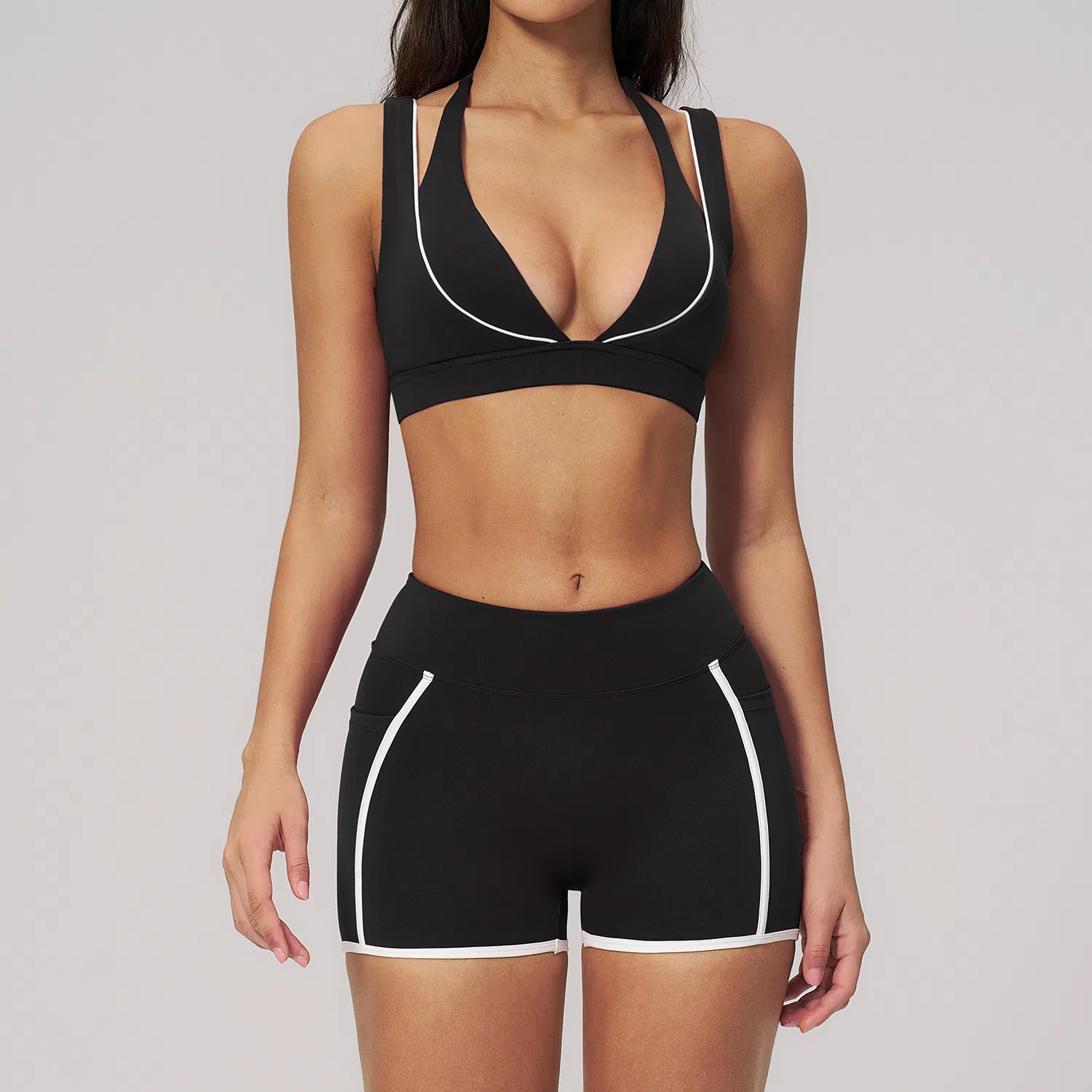 Womens Casual Fashionable Active 2 Piece Fitness Clothing with Deep V Neck Layered Sports Yoga Bra High Waist Gym Running Mini Shorts