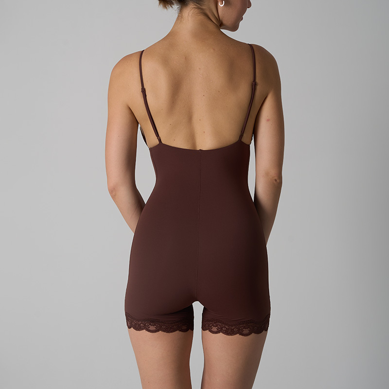 SK1296 Women's Lace Trim V-Neck Spaghetti Strap Bodysuit Shorts Sheer Breathable One Piece Romper Yoga Workout Activewear