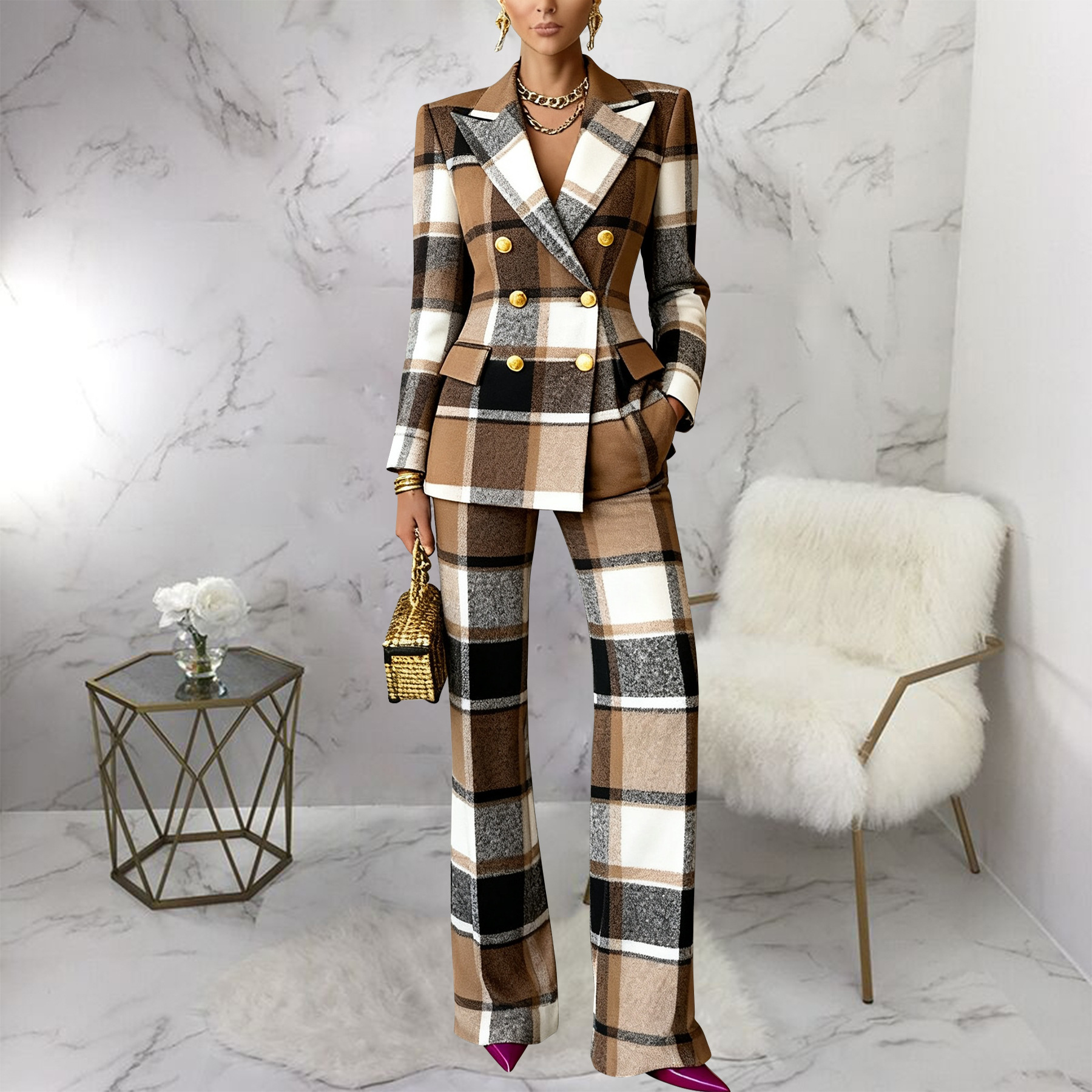 2026 New Arrival Women's Business Elegant Plaid &amp; Houndstooth Office Two-Piece Suits Set