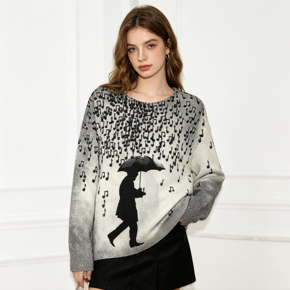 Women's Vintage Gray Umbrella Man Music Note Print Knit Sweater Casual Crewneck Oversized Long Sleeve All Match Knitwear