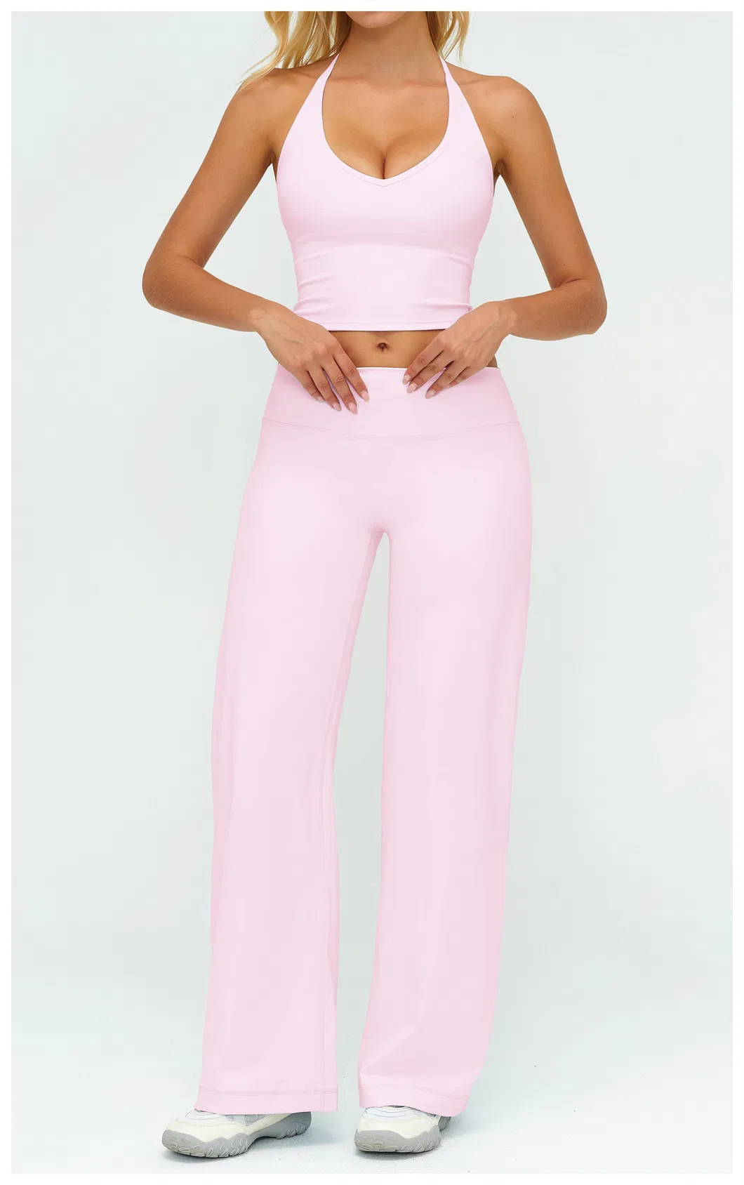 Elegant Resort Wear Yoga Set Halter Neck Top & Flowing Wide Leg Palazzo Pants, Naked Feel for Beach & Vacation
