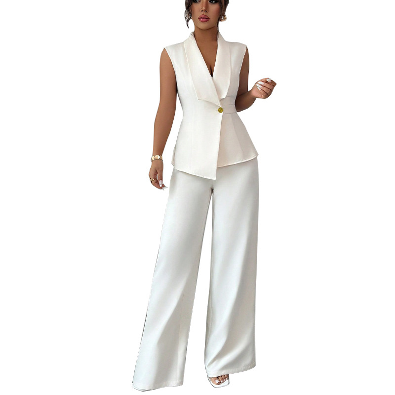 Women's White Office Suit-Winter Autumn New Elegant Sleeveless Shirt & Wide-Leg Pants Formal Workwear Set