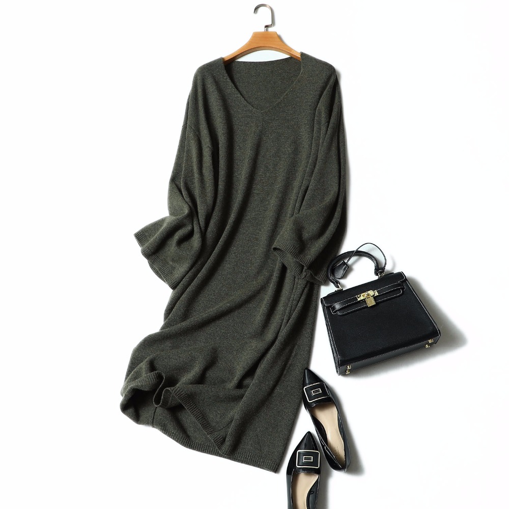 Women's Dresses Cashmere Knitted V Neck Loose Winter Plus Size Women's Dresses Sweater Dress Women Clothing