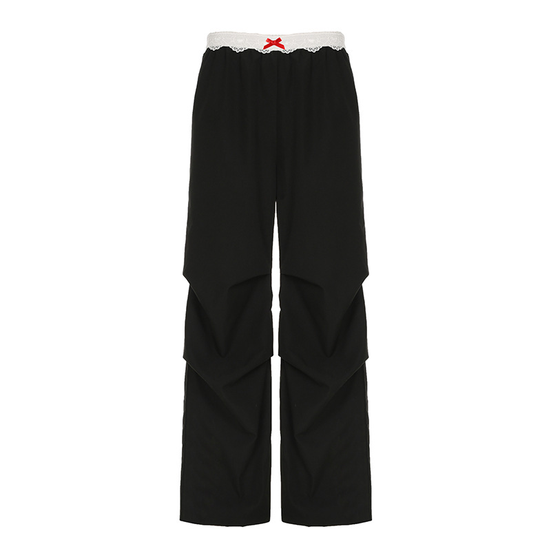 Women's Street-style Sweet Spicy Workwear Pocket Lace Bow Patchwork Woven Pants Dark Loose Slimming Casual Long Pants