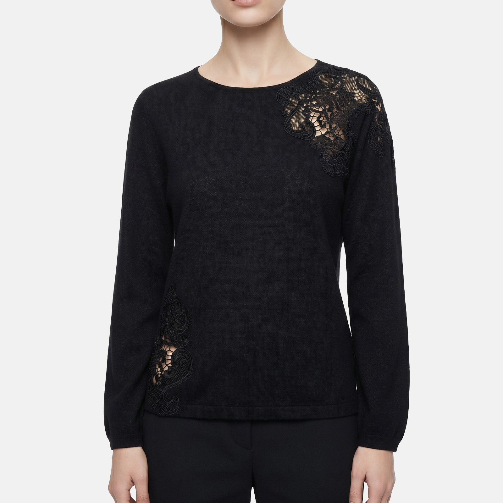 Premium New Honssen Women 99% Silk Knitwear Fine Sequin Anti Static Lace Splicing at Shoulder &amp; Hem Elegant Long Sleeve Top