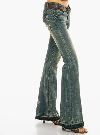 Fashion Denim Mid Rise Fading Vintage Washed High Quality Micro-flared Raw Hem Jeans Denim Pants for Women