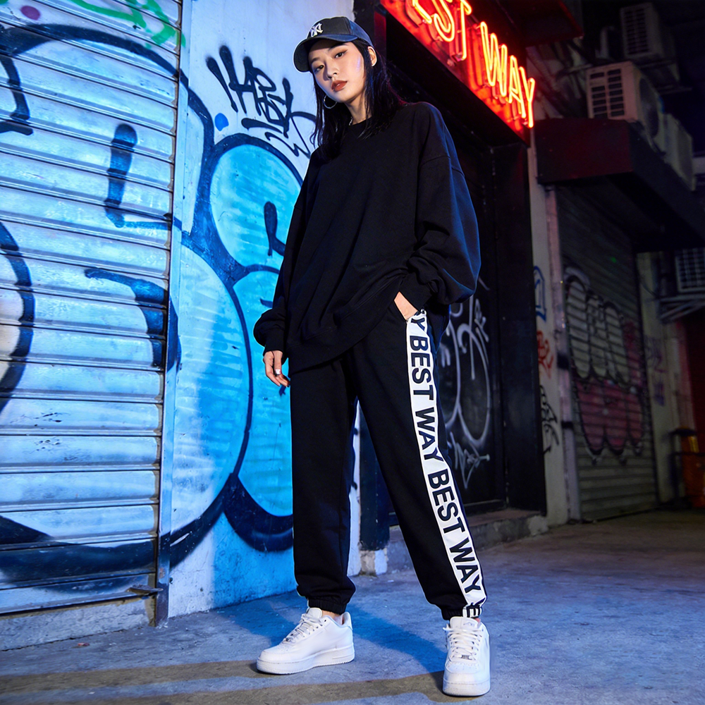 Activewear Ladies Streetwear Custom Screen Printing Side Stripe Straight Fit Loose Leg Sweat Pants with Drawstring
