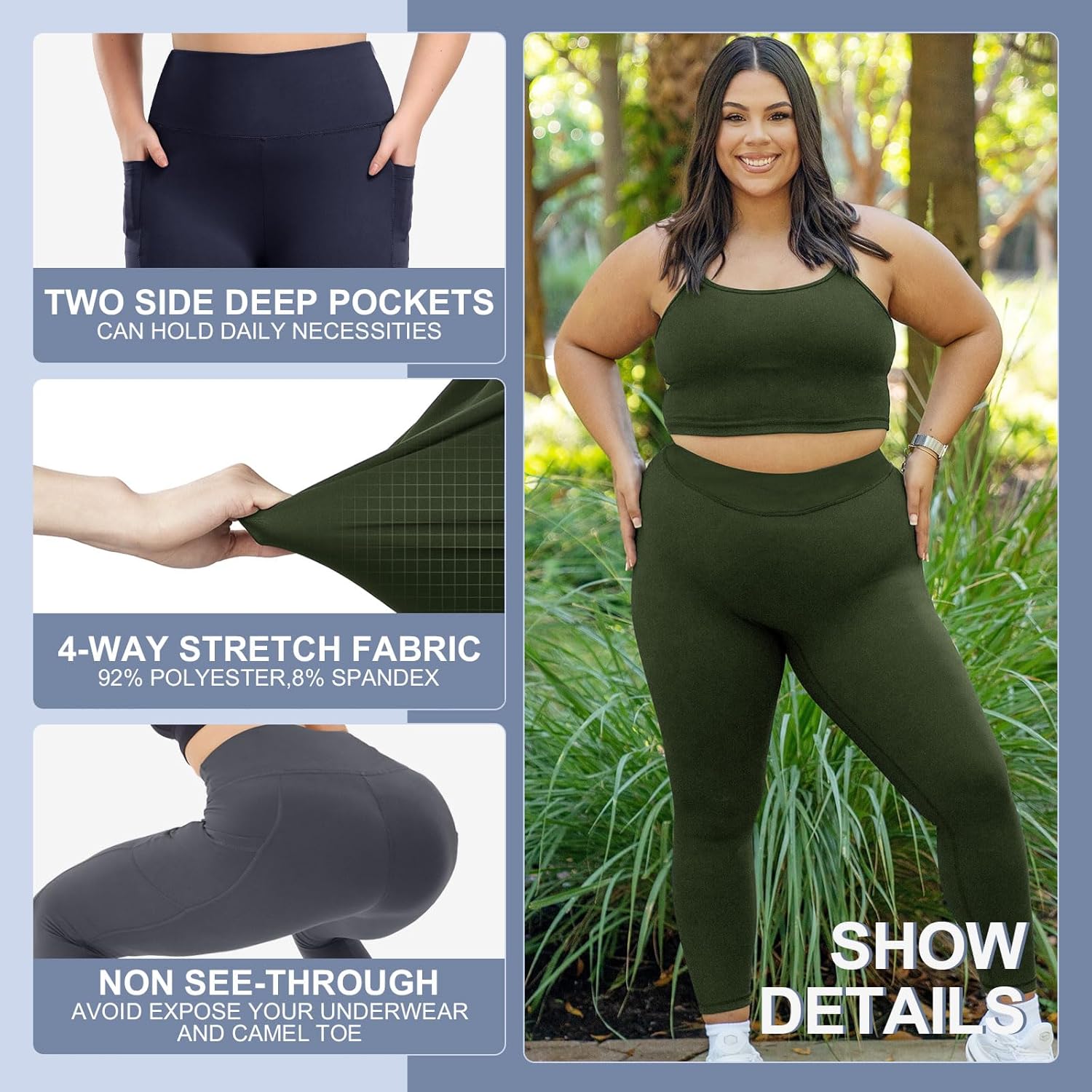 3 Pack Plus Size Solid Knee-Length Leggings Pockets Women High-Waisted Tummy Control Spandex Soft Black Summer Workout Pants