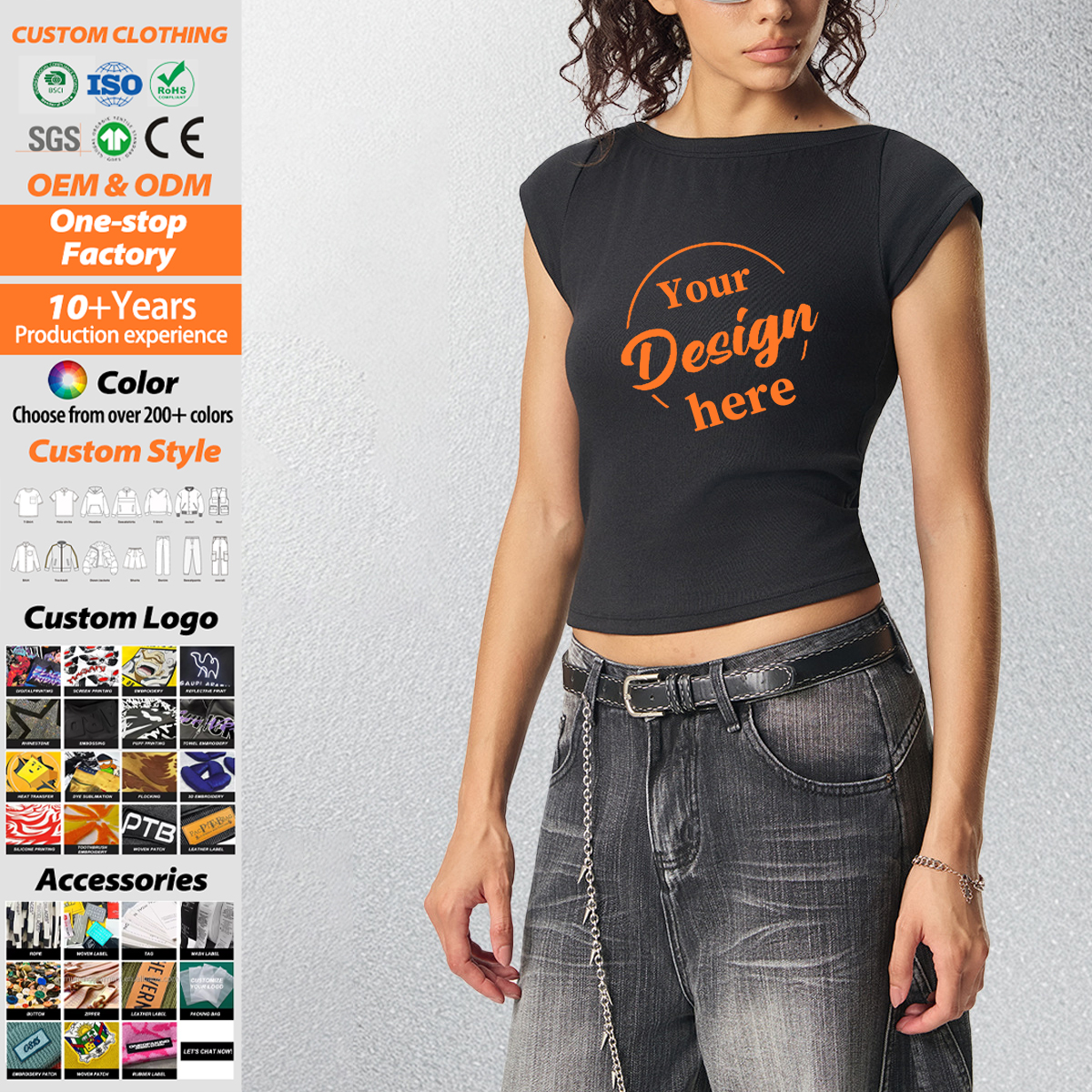 Women's Casual Streetwear Slim Fit Spandex/Cotton Jersey Embroidered Knitted Shoulder Spice Girls Short T-Shirt Custom Logo