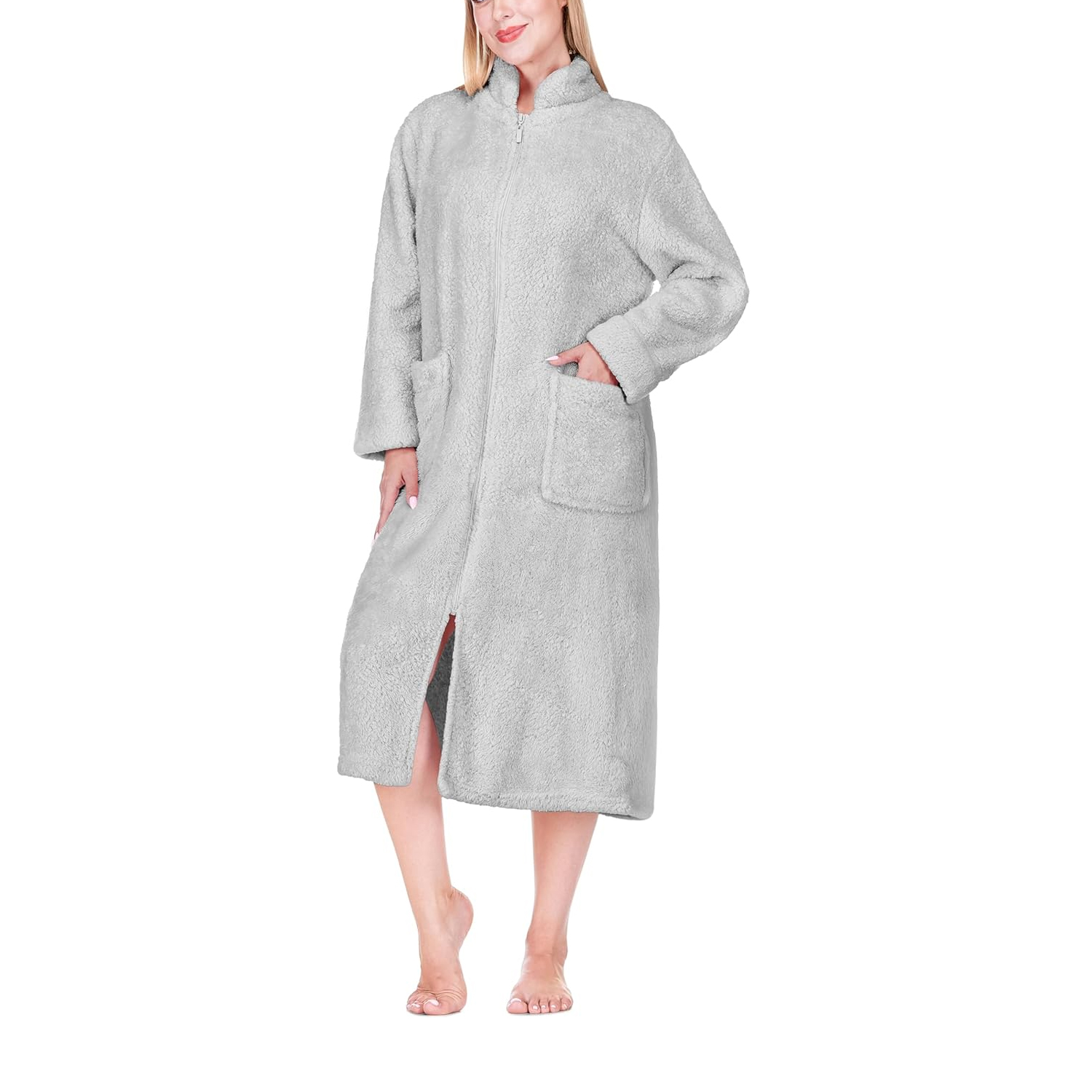 Premium Plush Fabric Women's Zip up Bathrobe Stand Collar Ultra Warm Loungewear with Pockets
