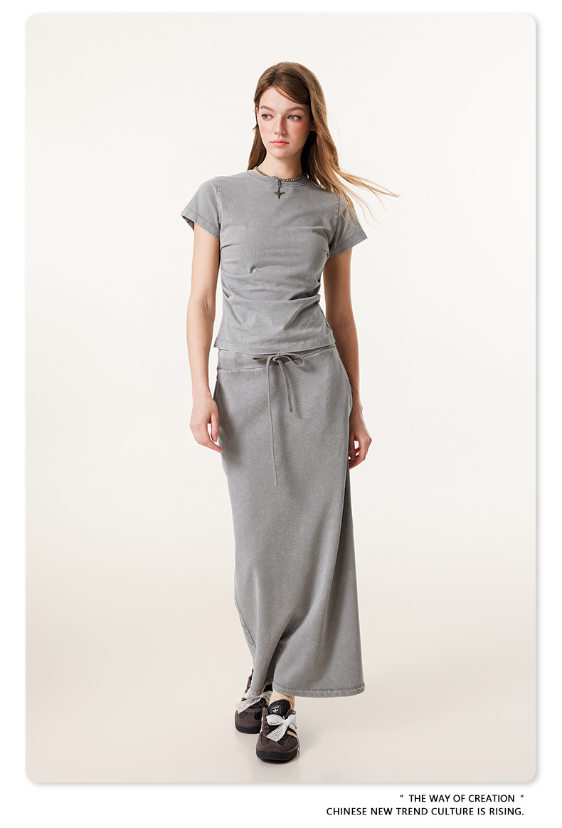 Custom logo Acid Cotton Elegant High-End Women's Summer Straight Skirt Set Heavy Industry Webbing Loose Tshirt