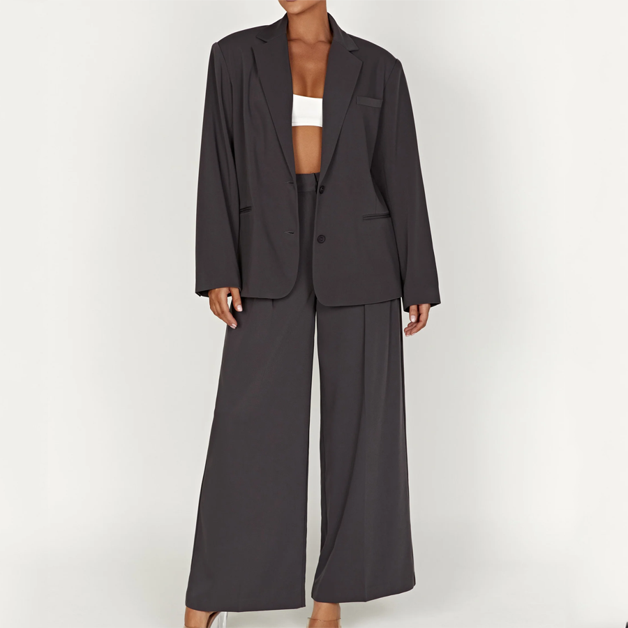 Office Lady Brown Blazer Set Oversize Women Custom Fashion Business Suits Casual Work Wear Loose Wide Leg Pants Set