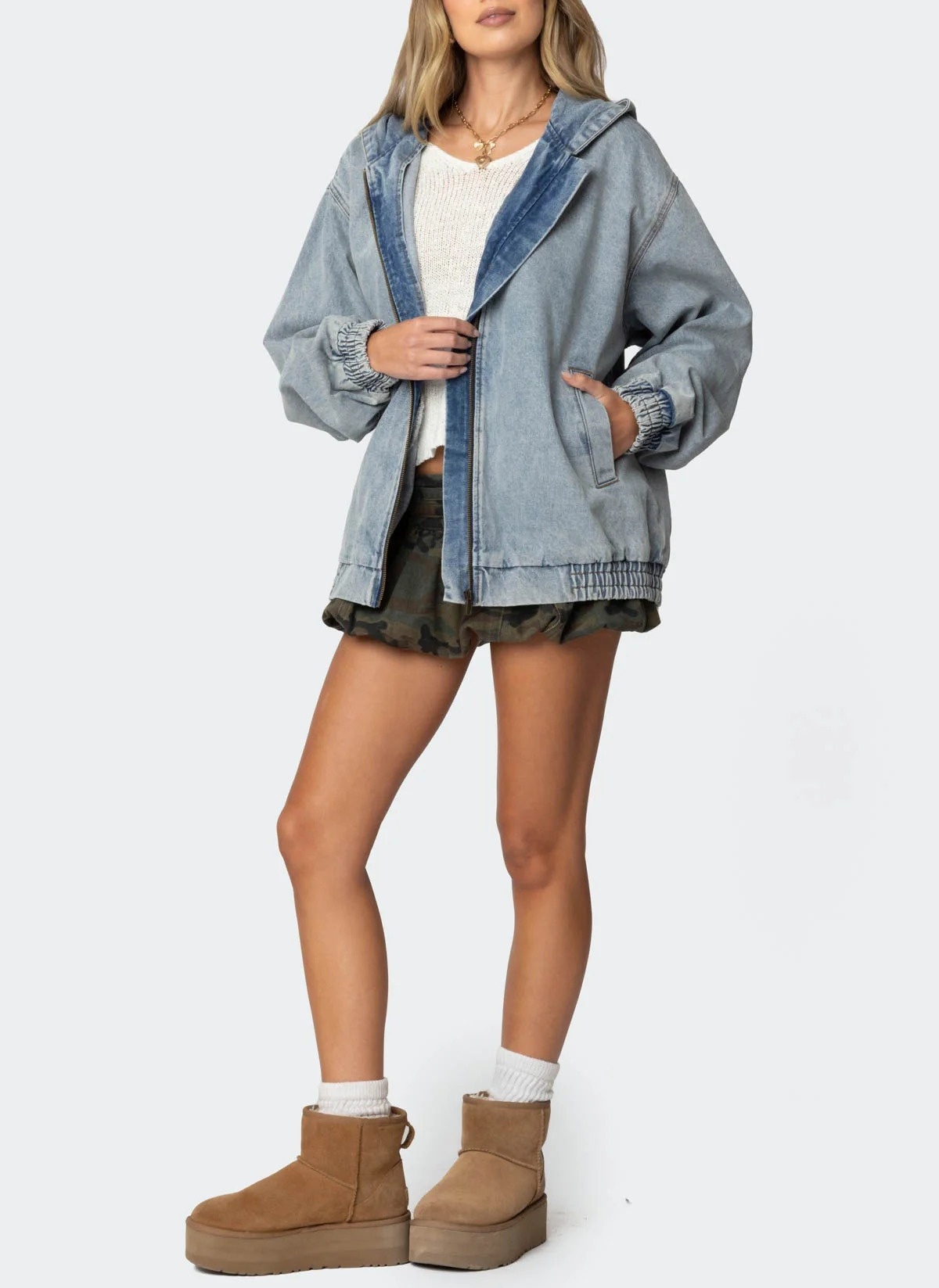 Women's Casual Streetwear Hooded Denim Bomber Jacket with Zip-Up Elastic Cuffs Light Blue Slouchy Fit Autumn Stonewashed