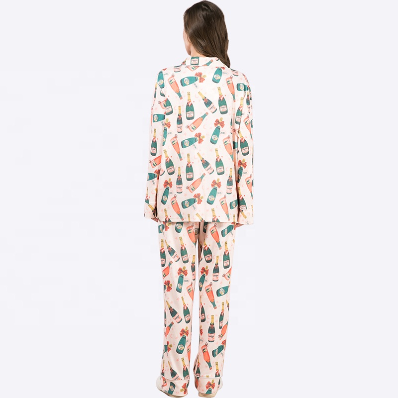Custom Loungewear Women's Sleepwear Pajamas Set Lounge Wear Spring and Autumn Wine Bottles Printed Shirt Pajama Set
