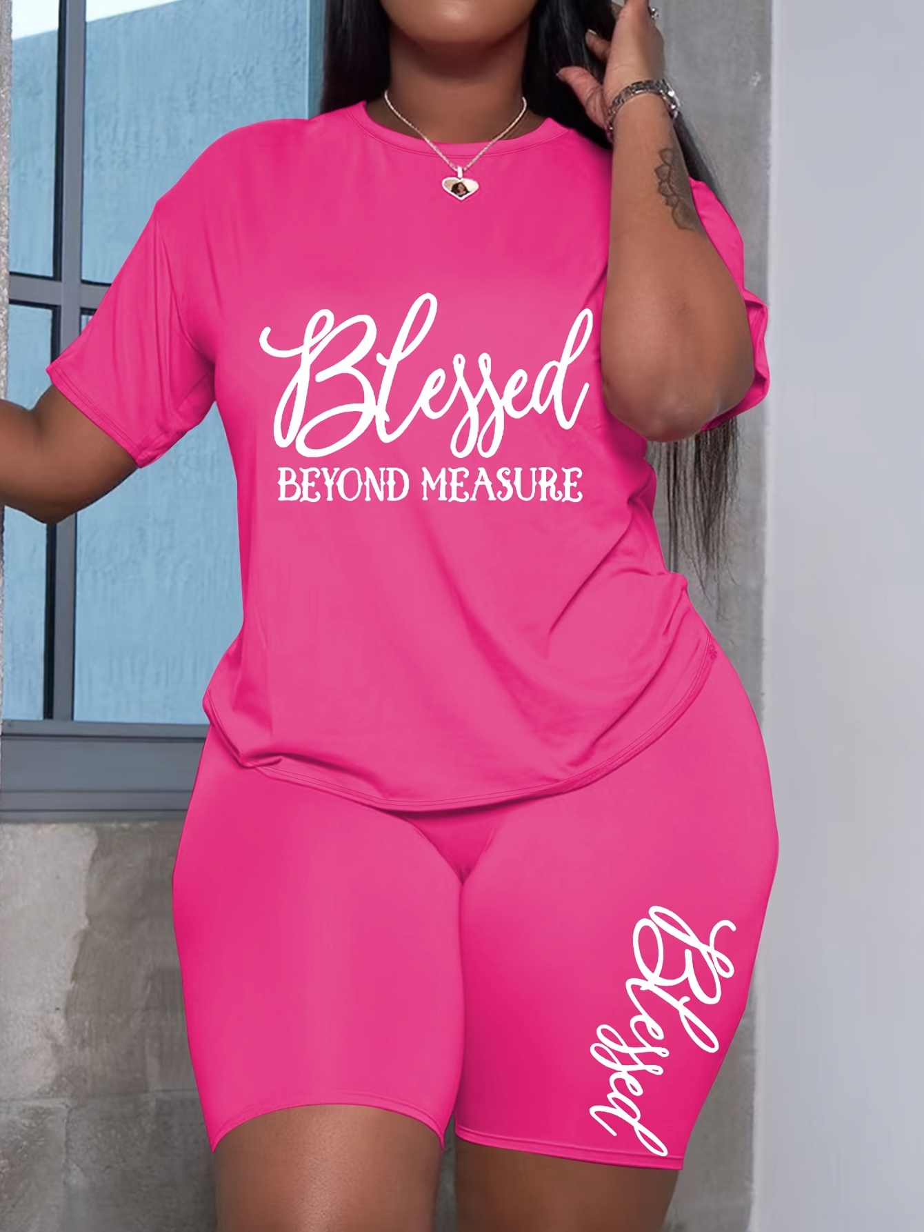 Women's Oversize Loose Fit Blessed Beyond Letter Sets Print Summer Breathable Two-Piece T-Shirt Shorts Set for Gym &amp; Streetwear