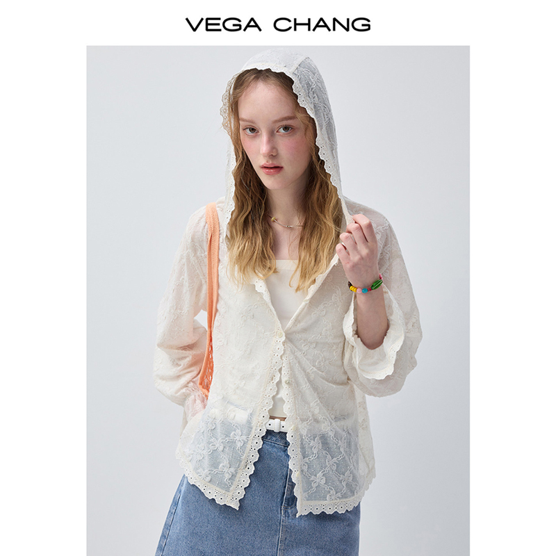 VEGA CHANG Women's Casual Sun Protection Shirt White With Lace Hooded Design Floral Embroidery And Flare Sleeve