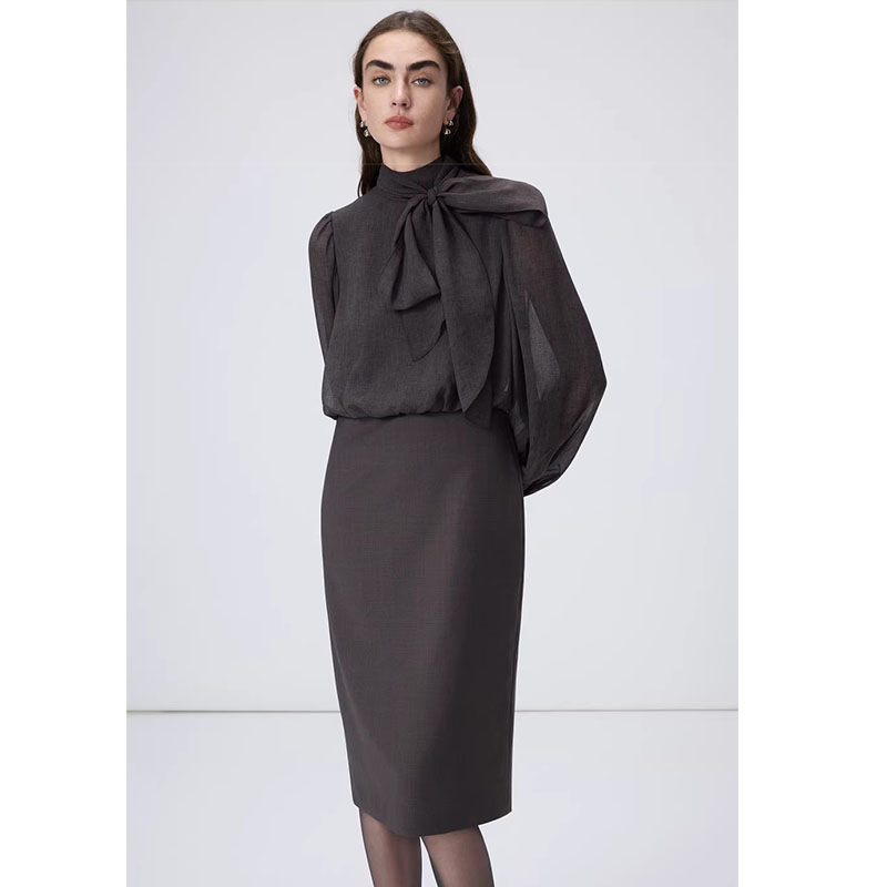 Custom Elegant Office Suit with Sheer Sleeves &amp; Tie Neck for Formal Wear