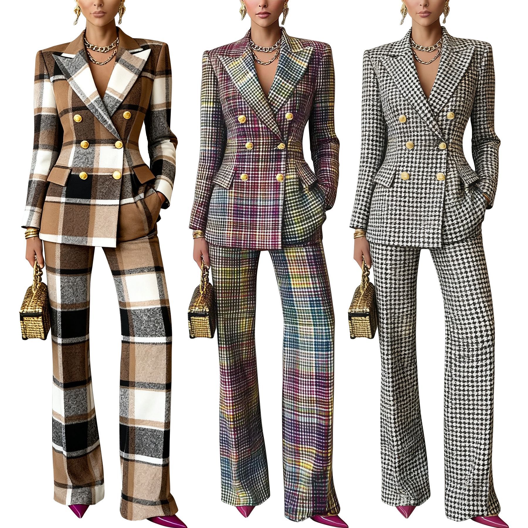 2026 New Arrival Women's Business Elegant Plaid &amp; Houndstooth Office Two-Piece Suits Set