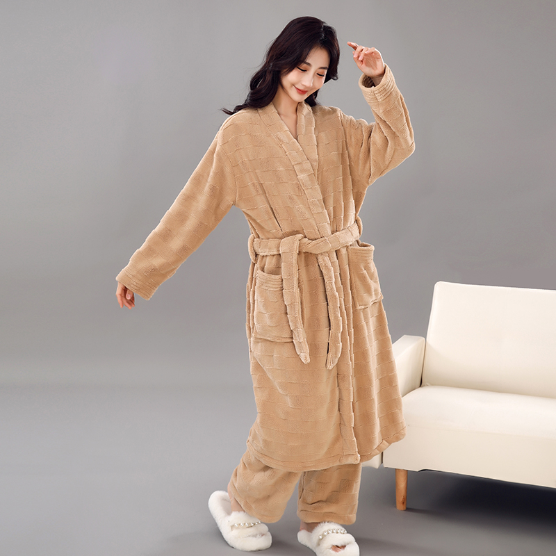 Fleece Pajamas Plus Size Coral Print Robe Breathable Long Bathrobe for Women for Morning Autumn Winter