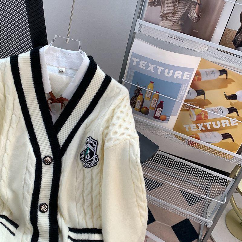 College Style V-neck Cardigan Sweater Jacket, New Women's Autumn and Winter Outfit, Loose and Lazy Outerwear
