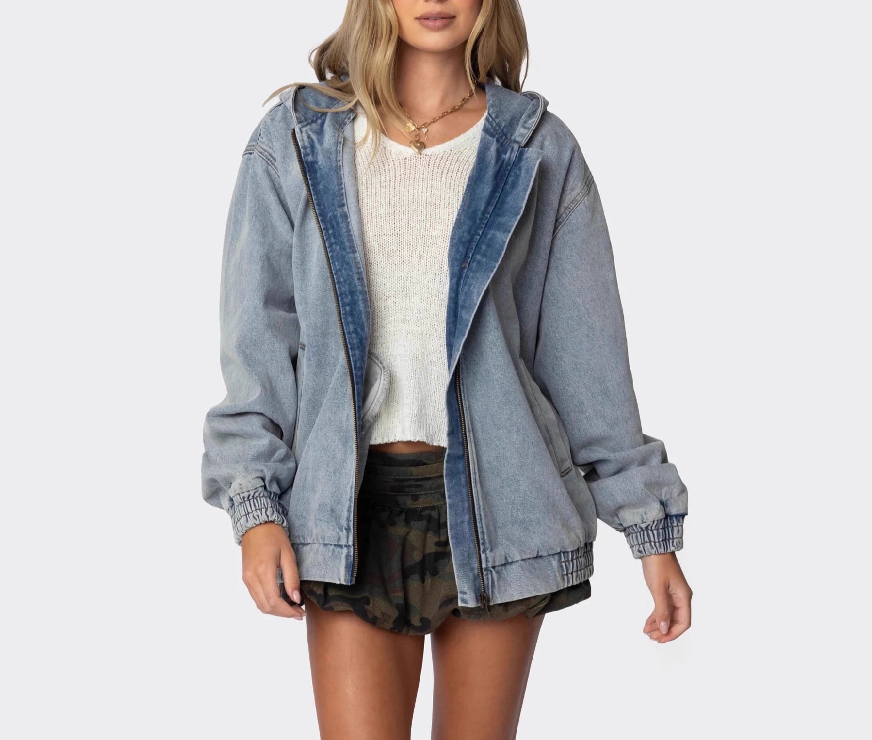 Women's Casual Streetwear Hooded Denim Bomber Jacket with Zip-Up Elastic Cuffs Light Blue Slouchy Fit Autumn Stonewashed
