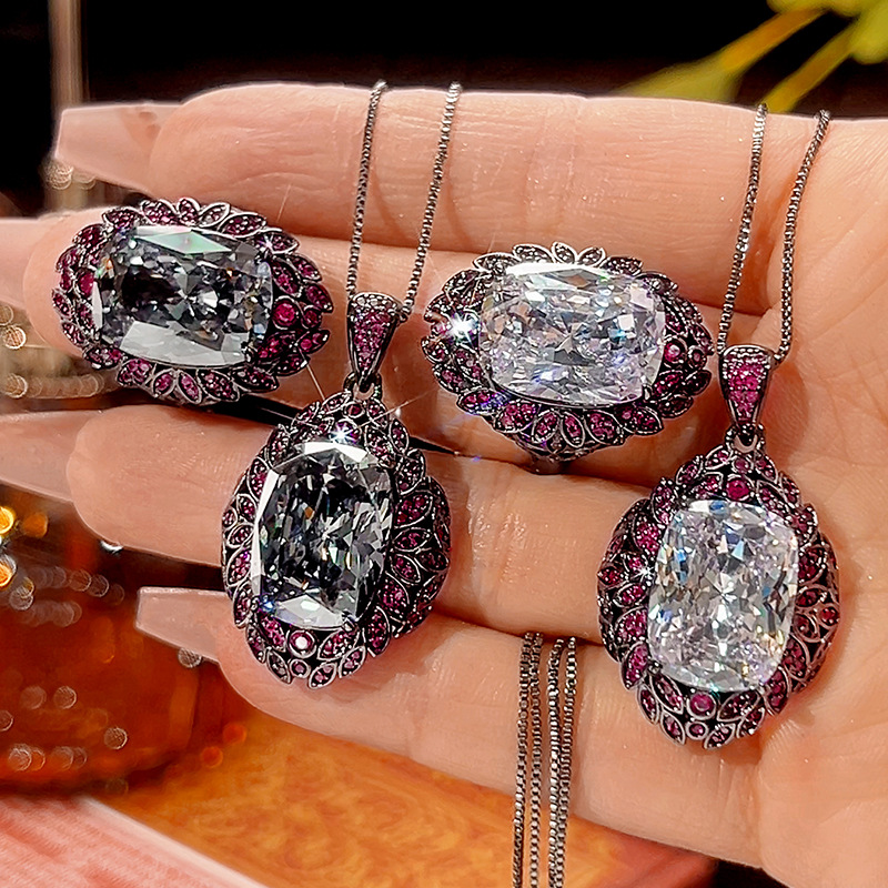 Fashion Eco-friendly Copper Hypoallergenic Non Tarnish Waterproof Jewelry Sets 12*16mm Black Gray Zircon Pendant Earrings Set