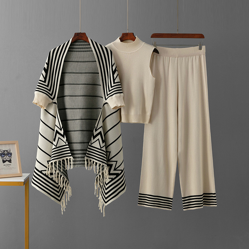 Striped Collar Women Sweater With Pants Three-Piece Set Knitted Tassel Shawl Ropa De Mujer Roupas Femininas Da Moda