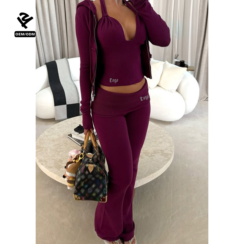 F5650 Custom Slim Fit Two Piece Set Women Clothing Crop Top Tracksuit Loungewear Set High Quality Zip up Hoodie Jacket Pants Set