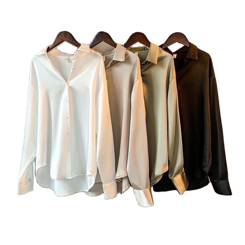 Luxury Women's Satin Office Blouse Polished Button-Up Closure Long Sleeve Deep V-Neck Detail Retro Turn-Down Collar Chic