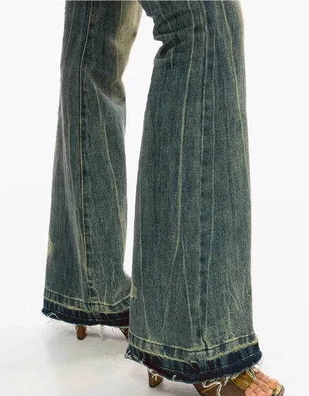 Fashion Denim Mid Rise Fading Vintage Washed High Quality Micro-flared Raw Hem Jeans Denim Pants for Women