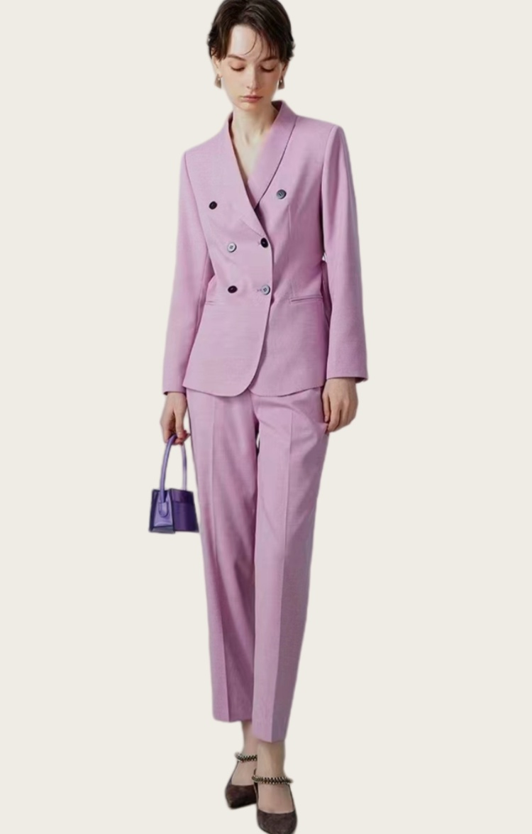 Pink Lilac Trim Women's Suit – Chic Double-Breasted Business Formal Wear