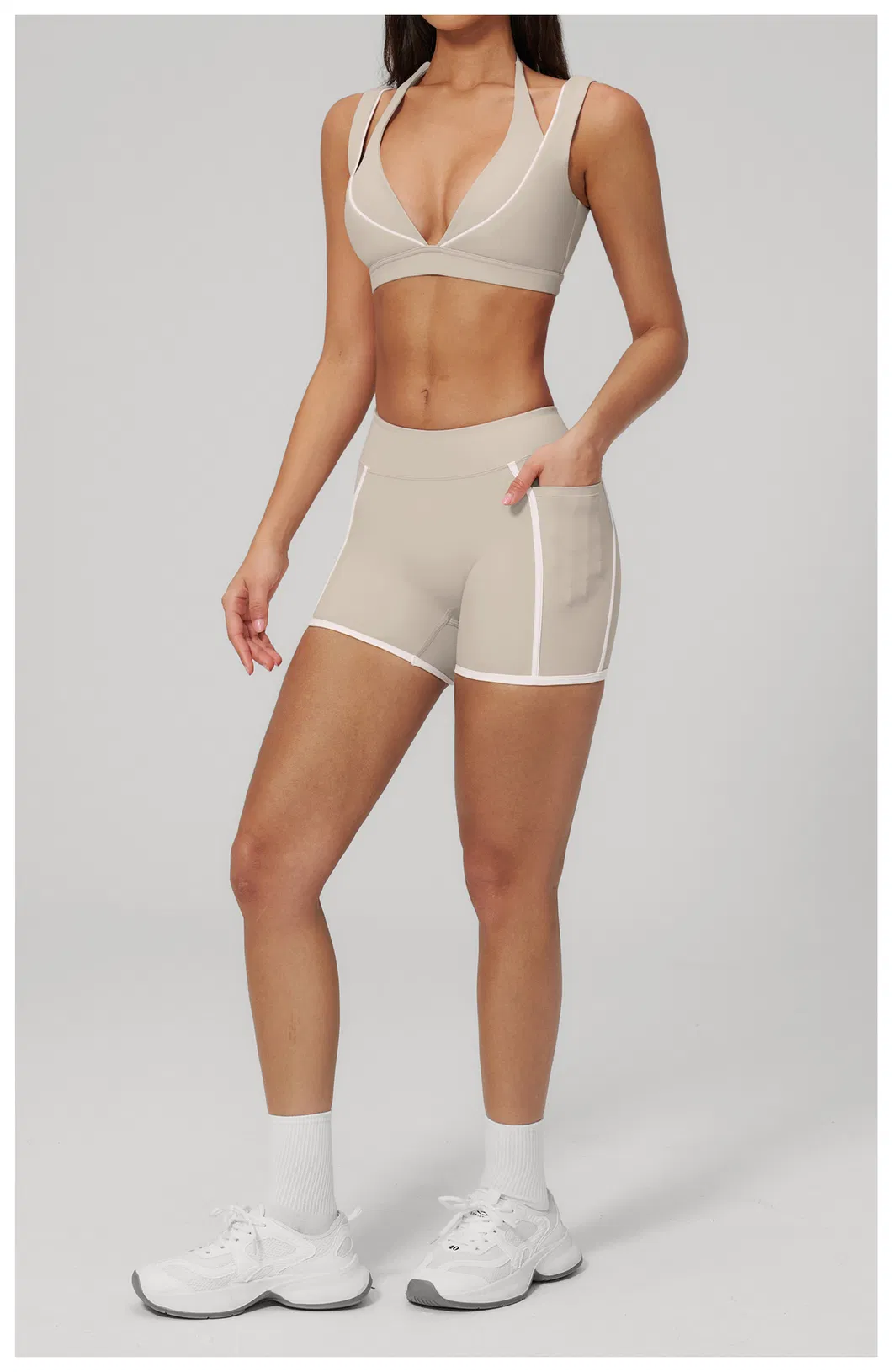Womens Casual Fashionable Active 2 Piece Fitness Clothing with Deep V Neck Layered Sports Yoga Bra High Waist Gym Running Mini Shorts