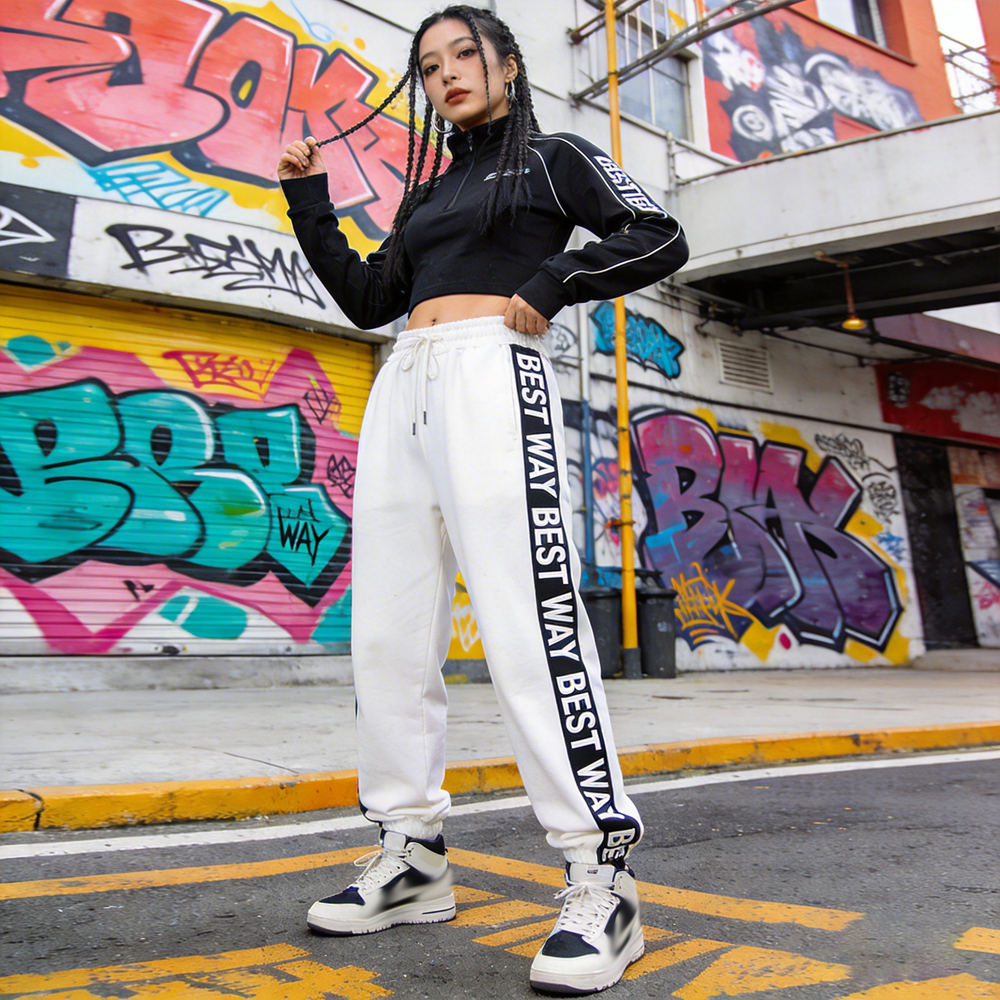 Activewear Ladies Streetwear Custom Screen Printing Side Stripe Straight Fit Loose Leg Sweat Pants with Drawstring