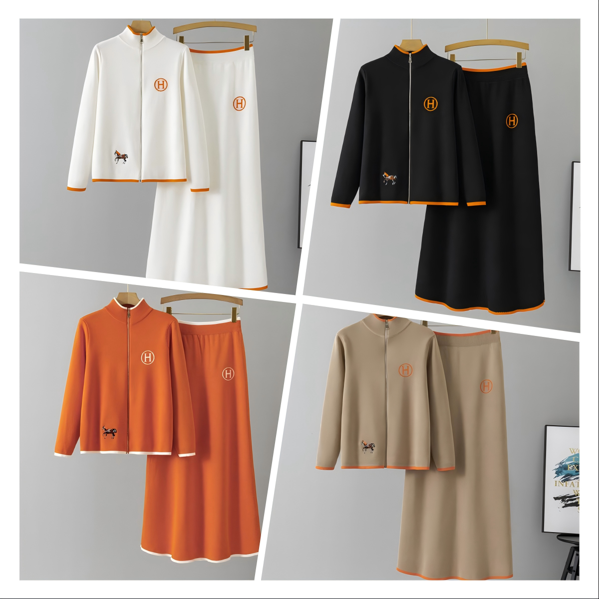 Women's Autumn Winter Two-Piece Set Casual Long Dress Solid Horse Embroidered Sweater Knitted