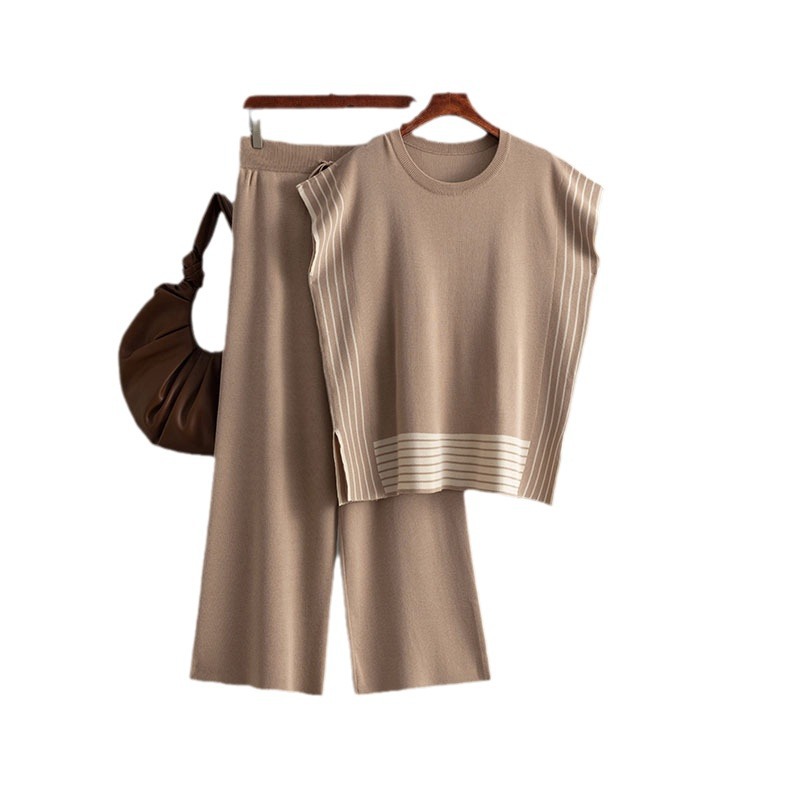 Women's Two-Piece Set Striped Knitted Pullover Sweater Loose Pants for Summer Fashionable Ropa De Mujer Roupas Femininas Da Moda