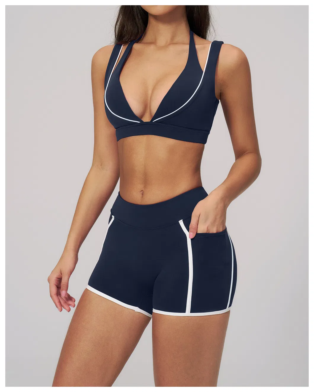 Womens Casual Fashionable Active 2 Piece Fitness Clothing with Deep V Neck Layered Sports Yoga Bra High Waist Gym Running Mini Shorts