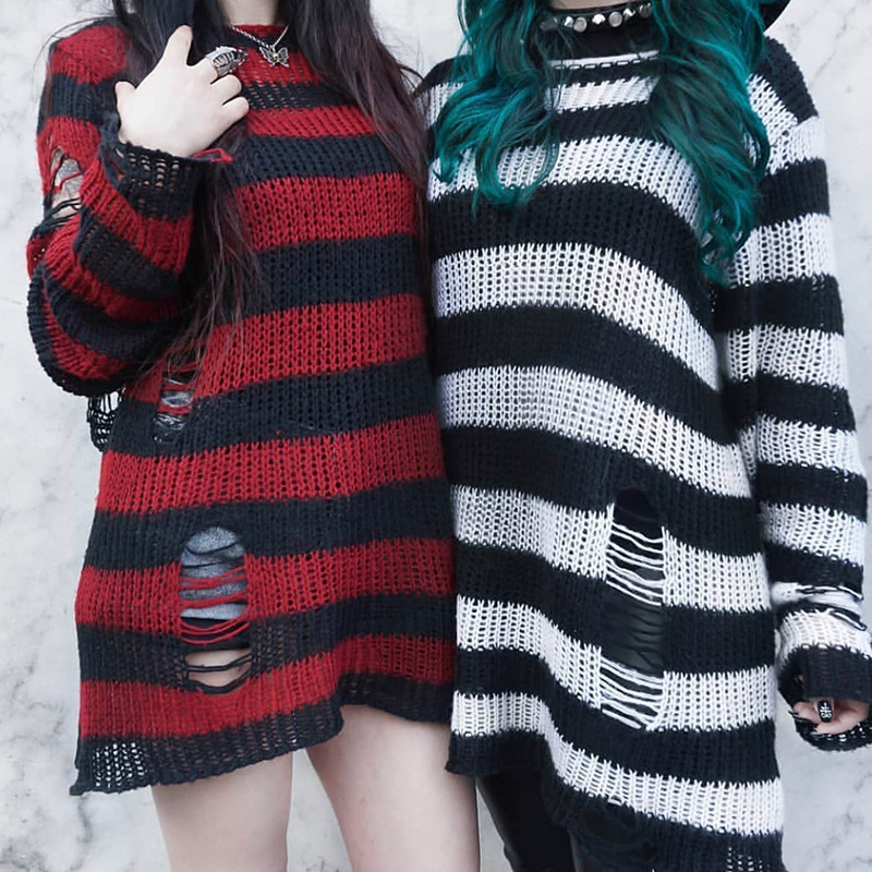 Y2K Women's Long Knitted Mohair Streetwear Pullover New European American Loose Striped Holey Thin Knit Sweater