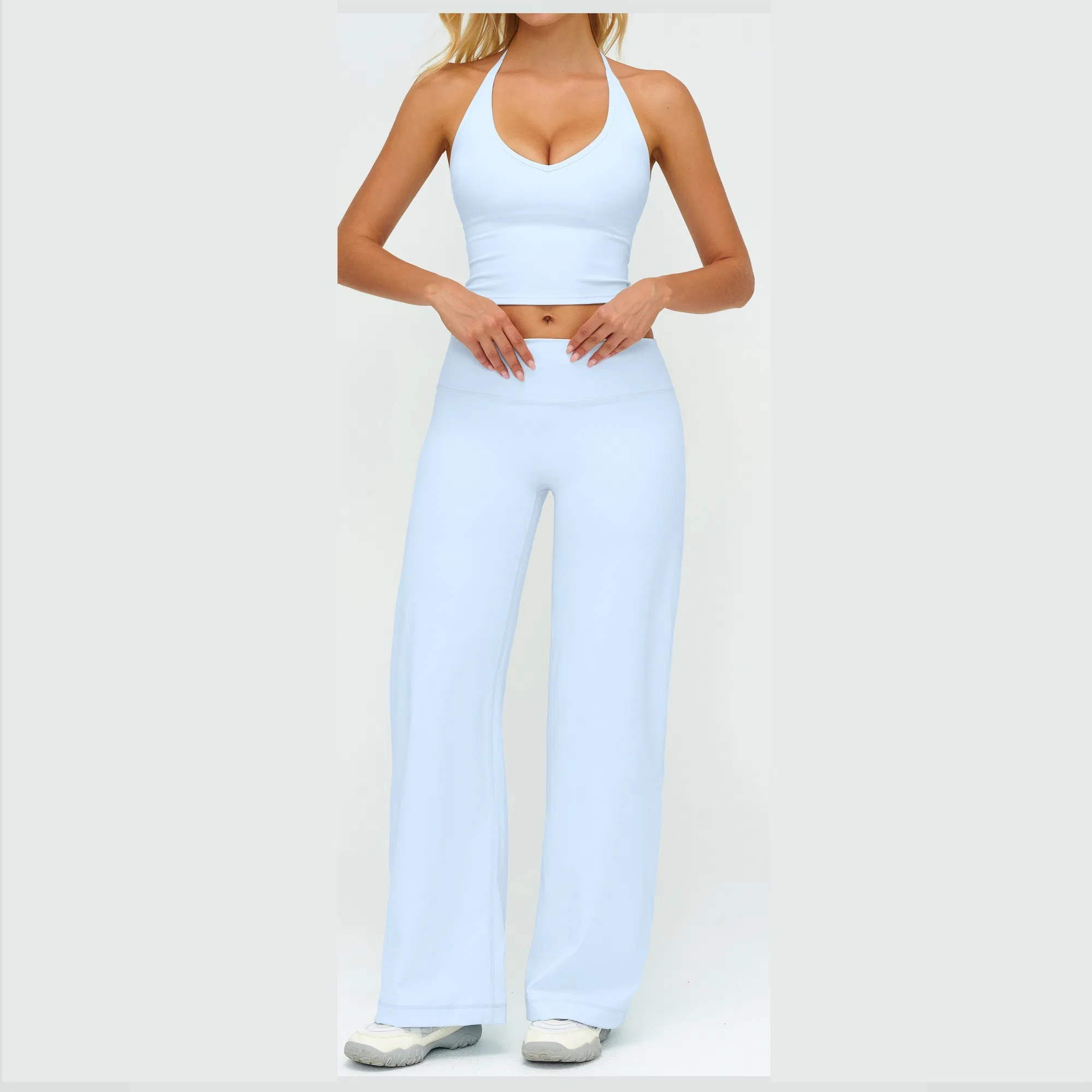 Elegant Resort Wear Yoga Set Halter Neck Top &amp; Flowing Wide Leg Palazzo Pants, Naked Feel for Beach &amp; Vacation