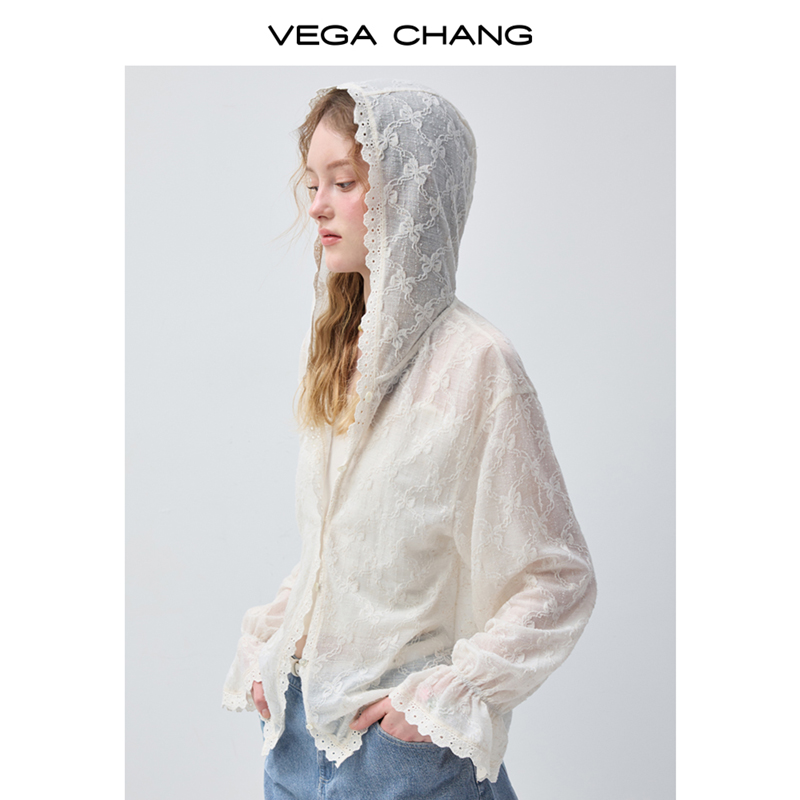 VEGA CHANG Women's Casual Sun Protection Shirt White With Lace Hooded Design Floral Embroidery And Flare Sleeve