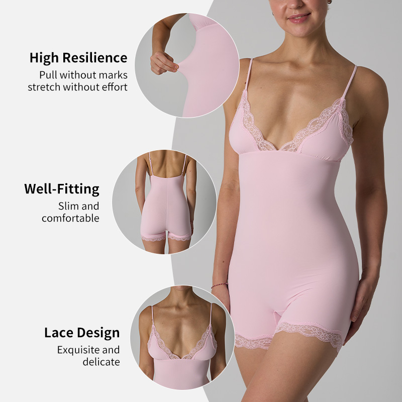 SK1296 Women's Lace Trim V-Neck Spaghetti Strap Bodysuit Shorts Sheer Breathable One Piece Romper Yoga Workout Activewear
