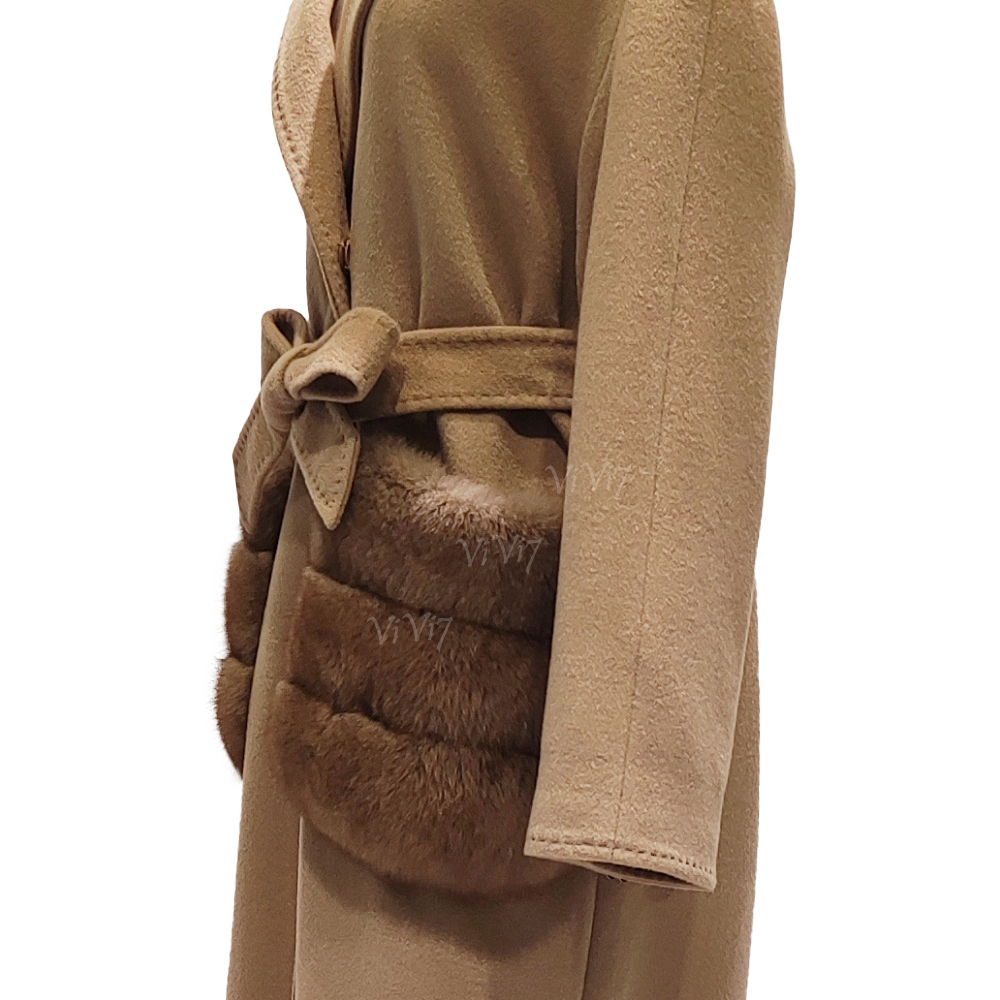 ViVi7 Luxury High End Premium Elegant 100% Wool Fabric Belted Waist Tie Waist Long Length Overcoat Women Wool Fox Fur Coat