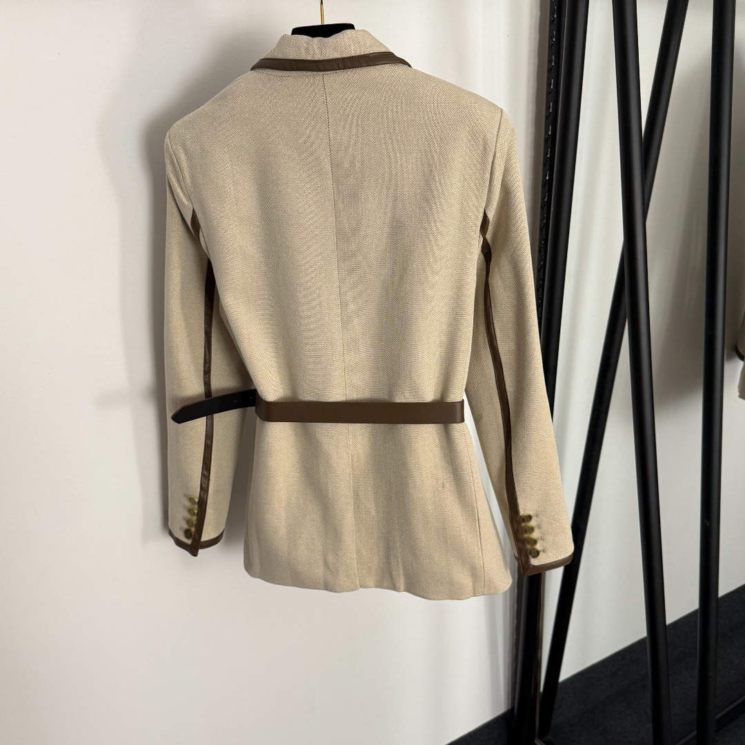 Women's Long Sleeve Woolen Business Suit Jacket with Mandarin Collar Single Button Closure Knitted Weave and Belt