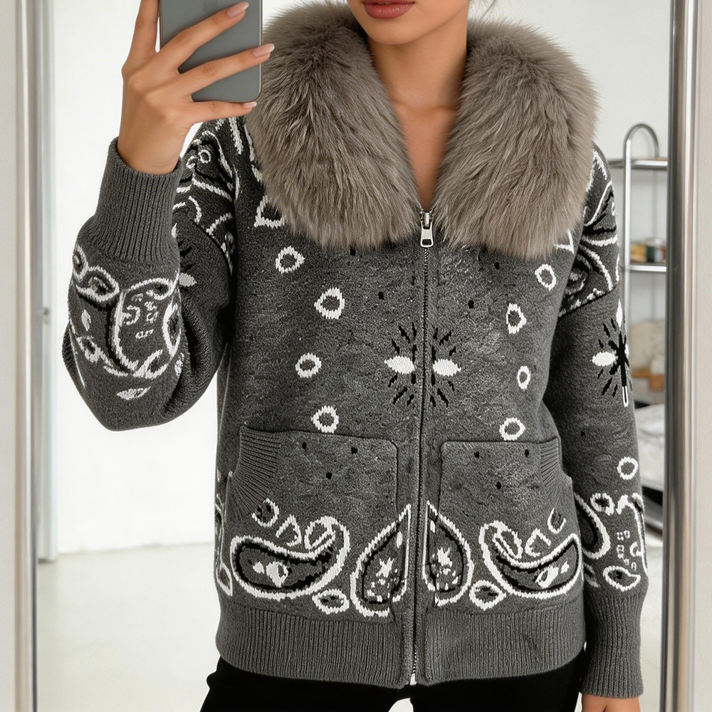 Luxurious Women's Knit Cardigan with Real Fox Fur Collar Vintage Paisley Zip-Up Sweater Jacket Warm Winter Luxury Outerwear