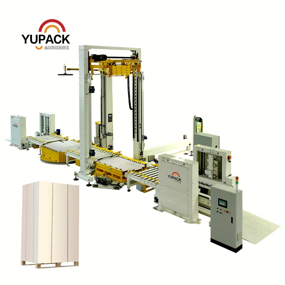 Sistema de estrapado conveyorizado integrado con máquina de envoltura de estiramiento en línea y dispensador de palets para una gestión de flujo de palets de alta eficiencia en logística