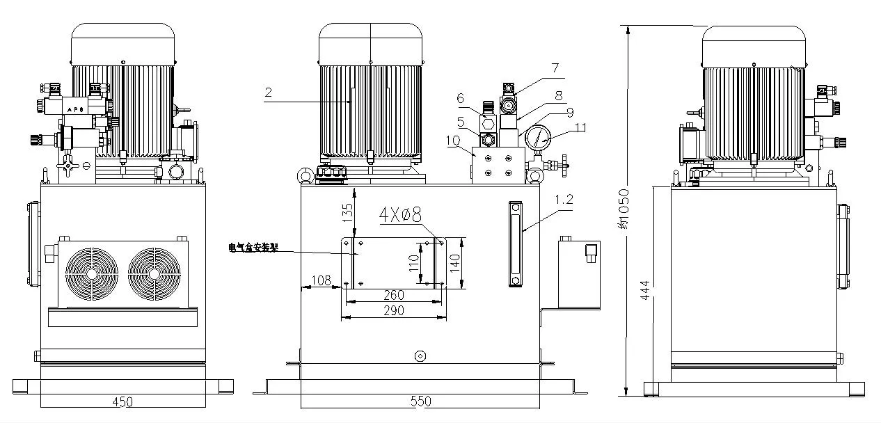 Dibujos técnicos de dimensiones del sistema hidráulico