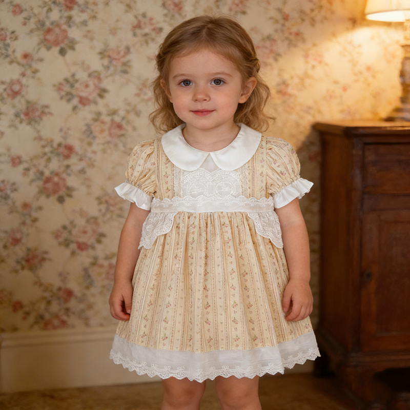 Toddler Girls Vintage Floral Dress Summer Peter Pan Collar Lace Trim Puff Sleeve Princess Dress for Birthday Party Kid Clothes