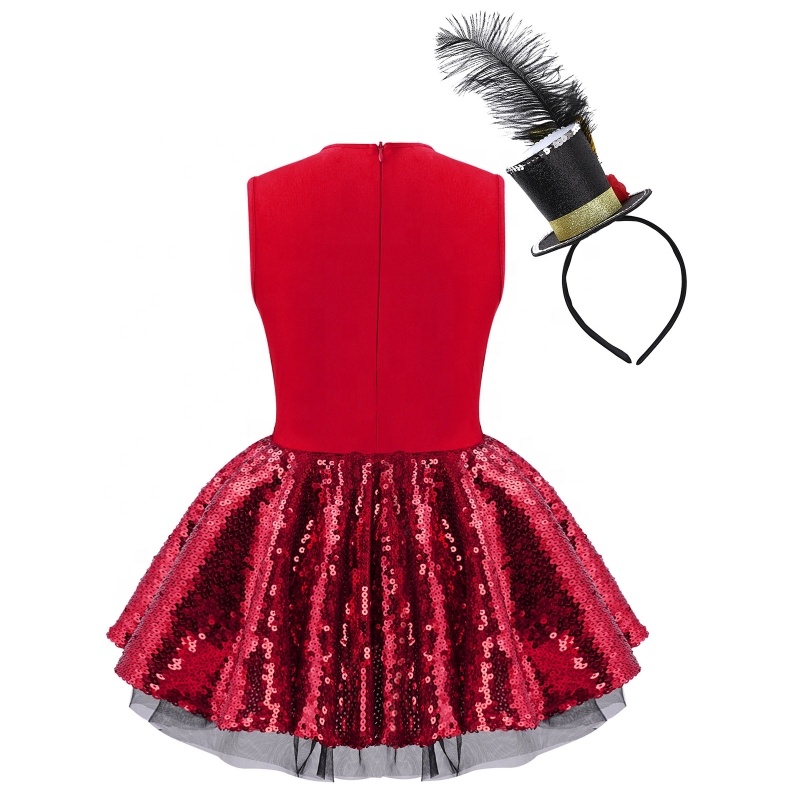 4-16 Kids Girls Round Neck Sleeveless Leotard Dress With Feather Mini Top Hat Sets for Carnival Party