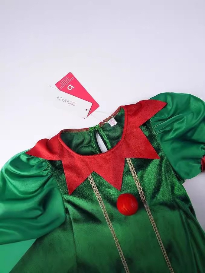 Kids Girls Christmas Costume Polyester Comfortable Velvet Long Sleeve Red and Green Stripe Santa Elf Dress