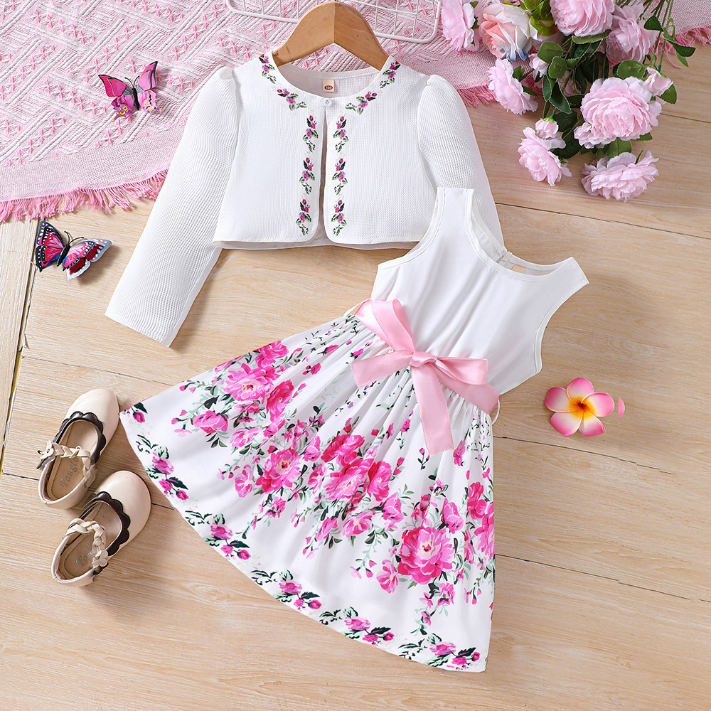 European Style Children Dress Girls Floral Dress + Long Sleeves Coat Kids Clothing Sets Baby Girl Birthday Dresses for 3Y