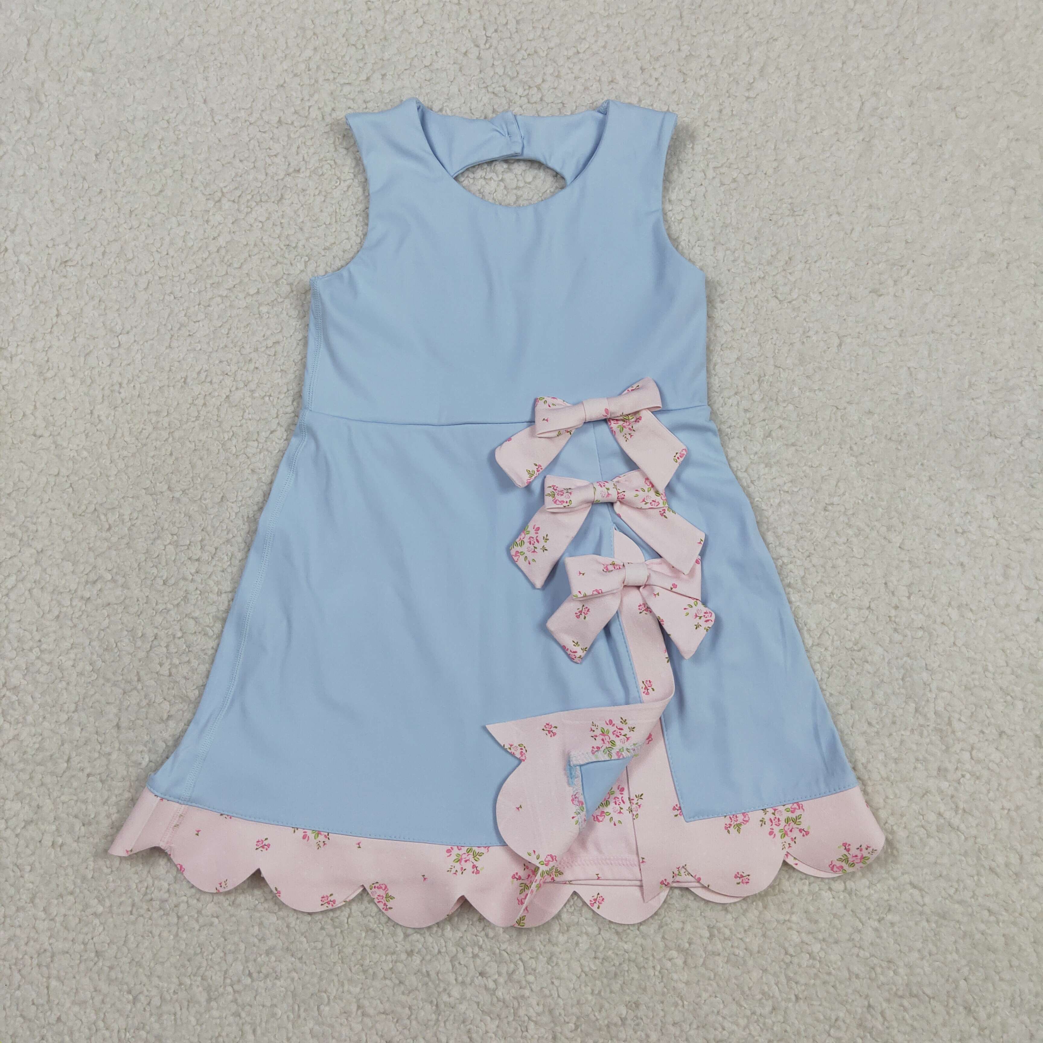 RTS Fashion Children's Little Girls Summer Casual Sleeveless Bows Floral Scallop Edge Ruffles ODM Cotton Blend A-Line Play Dress